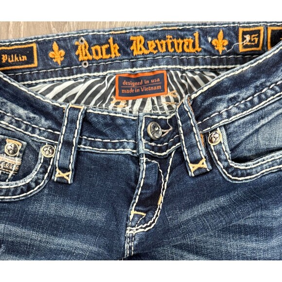 Rock Revival Jeans 25 Distressed Rip Y2K Crystal Flap Pocket Straight Streetwear - Picture 6 of 10